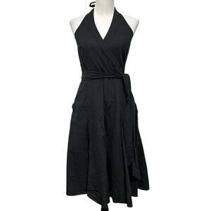 BCBGMaxazria Black Halter Dress Wrap Midi Cotton with Silk Lining Sleeveless 8
